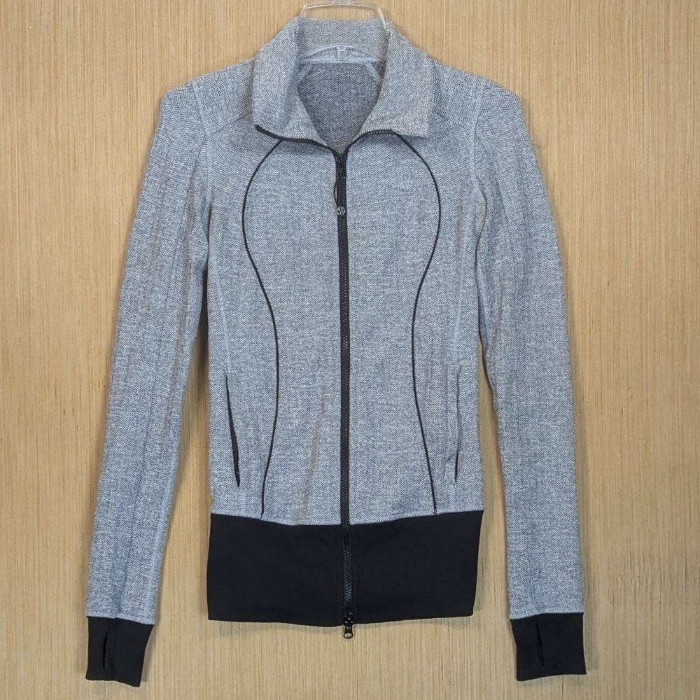 Lululemon‎ Asana Jacket Women 2 Full Zip Gray Herringbone Longline Activewear